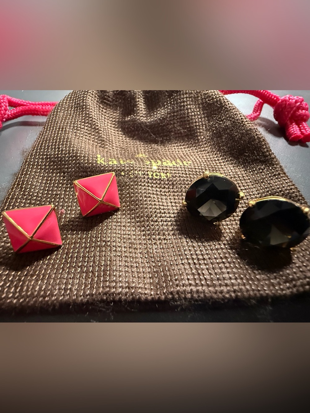Kate Spade pierced earrings set 80’s pink pyramids round faceted crystal studs